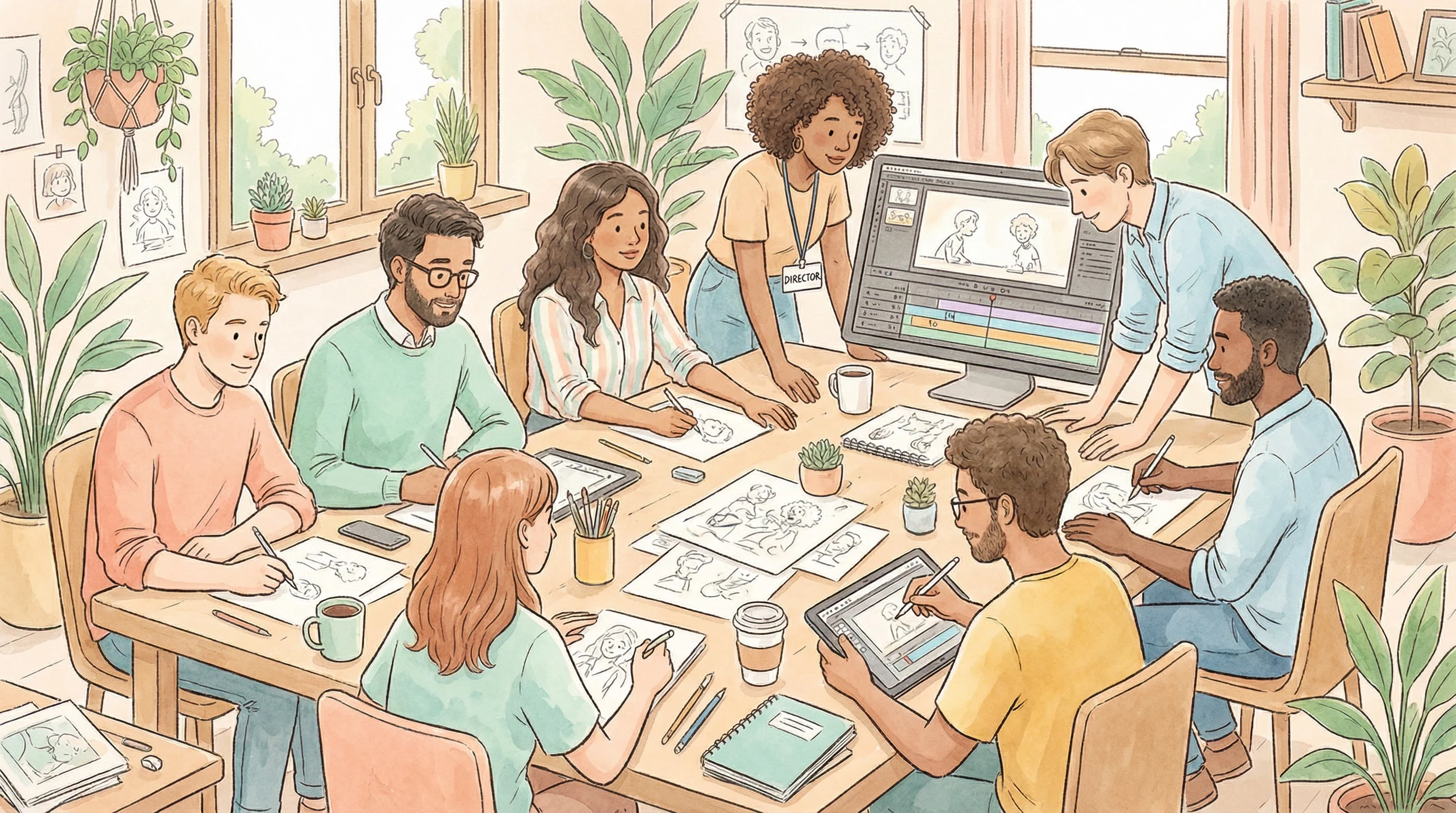 焕儿创作团队工作场景插画 - 多元化动画创作团队协作