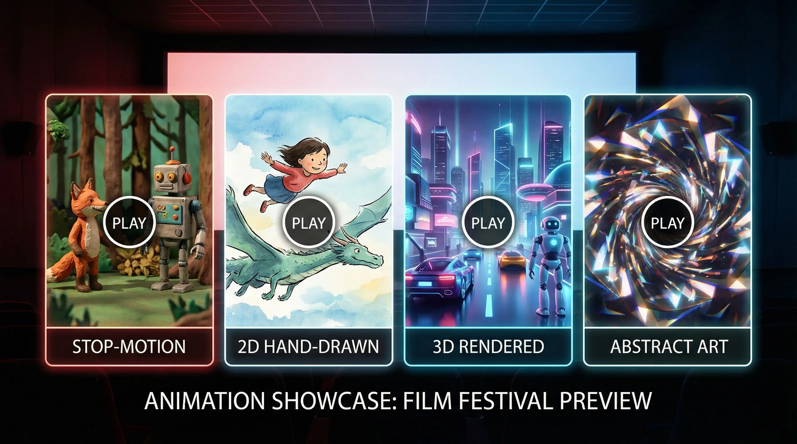 焕儿动画预告片合集横幅 - 定格动画、2D手绘、3D渲染、抽象艺术四种风格预览